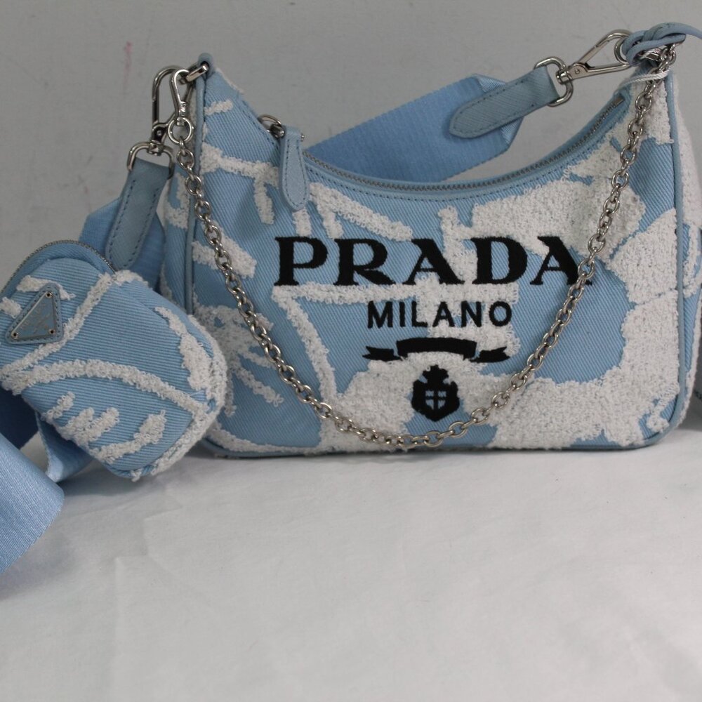 Prada Re-Edition 2005 Embroidered Drill Shoulder Bag wPouch Blue White Crossbody - Picture 1 of 16